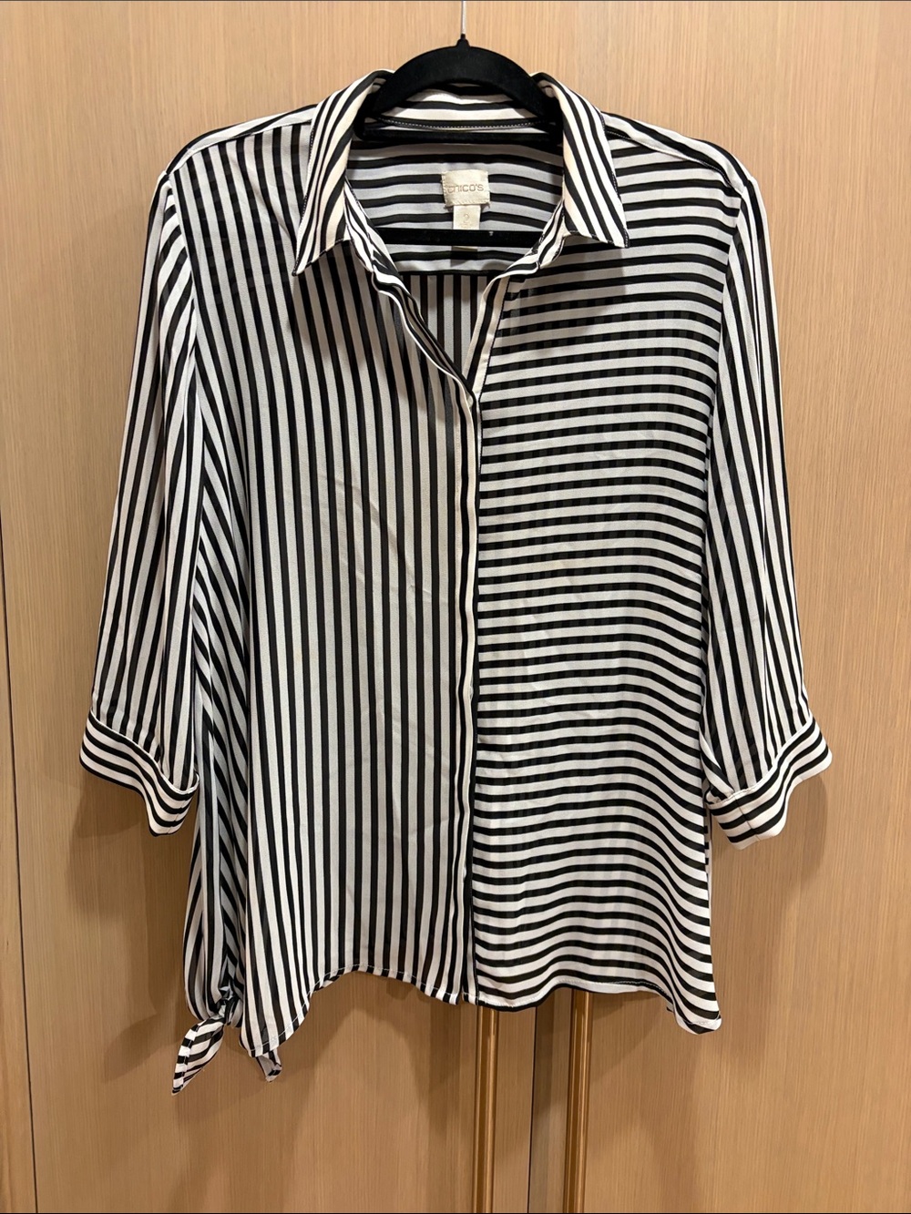 Chico's Black and White Striped Mixed-Stripe Button-Down Top